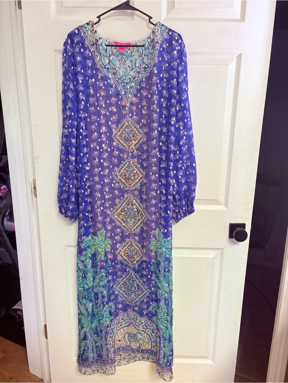 Lilly Pulitzer Jupiter Silk Maxi Caftan blue grotto fan favorite size LARGE / XL - Picture 6 of 7